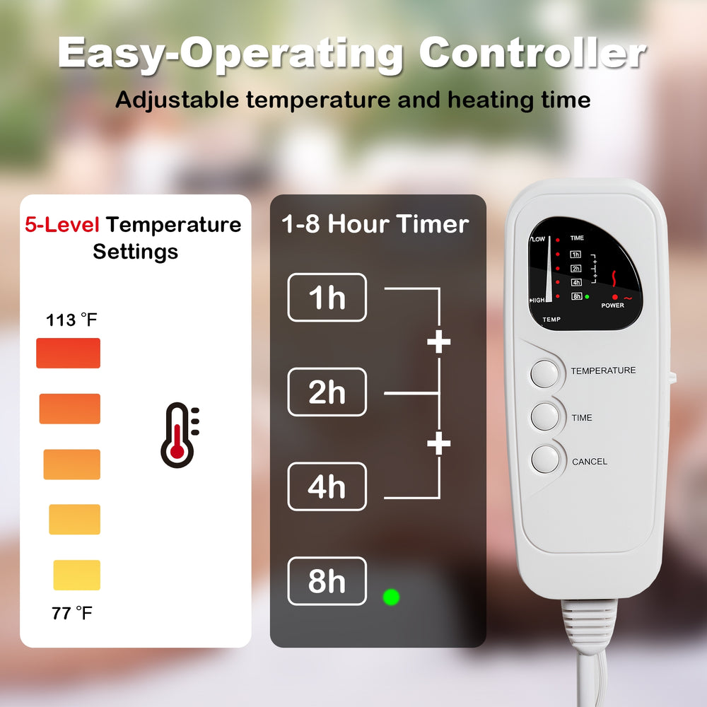 Digital controller for 71 x 31 inch massage bed warmer with 5 heat settings and adjustable timer for customized comfort.