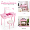 Pink makeup vanity table set with flip-top mirror, 2 drawers, and stool for versatile bedroom and office use.