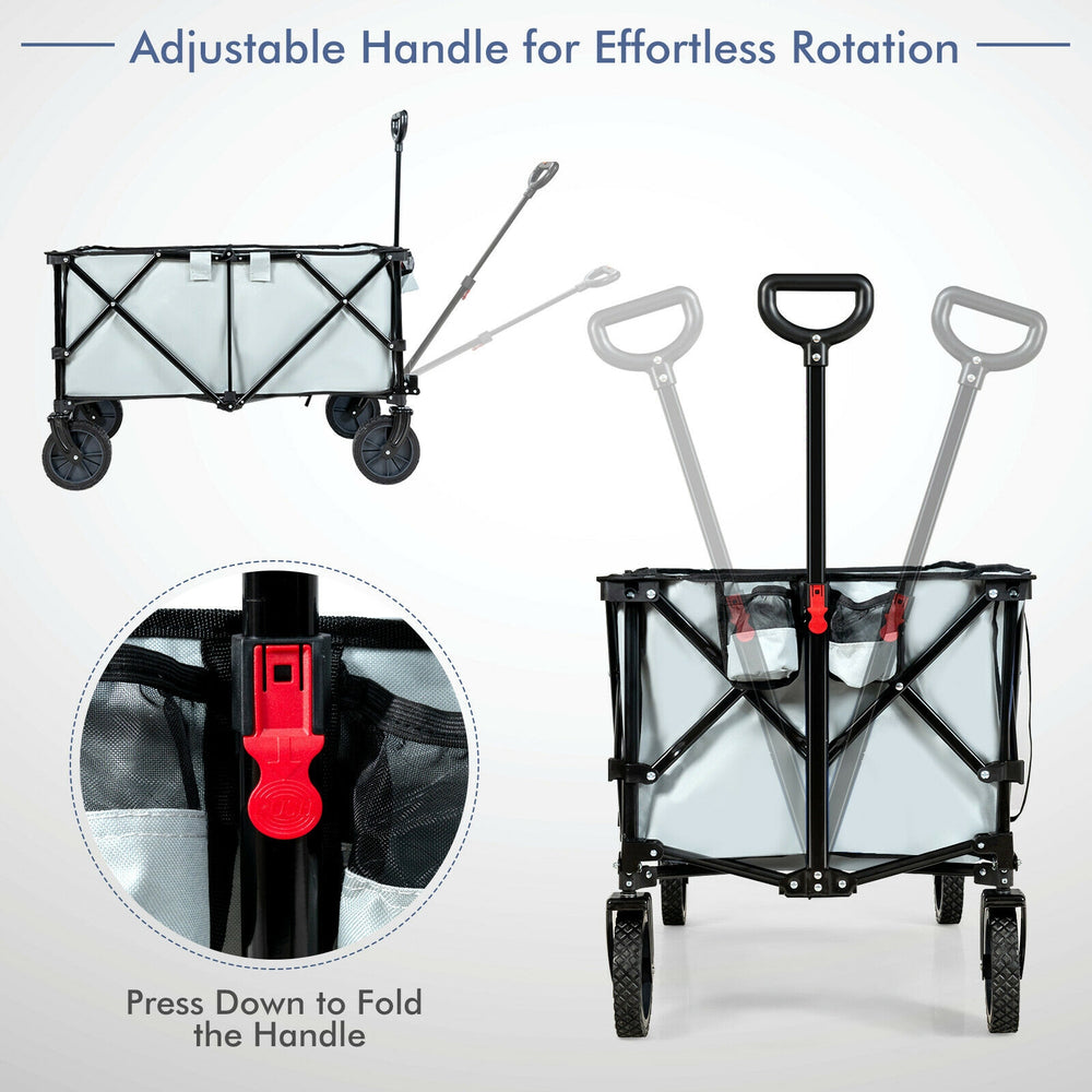 Outdoor folding wagon cart in gray with adjustable handle, collapsible design, and universal wheels for easy transport.
