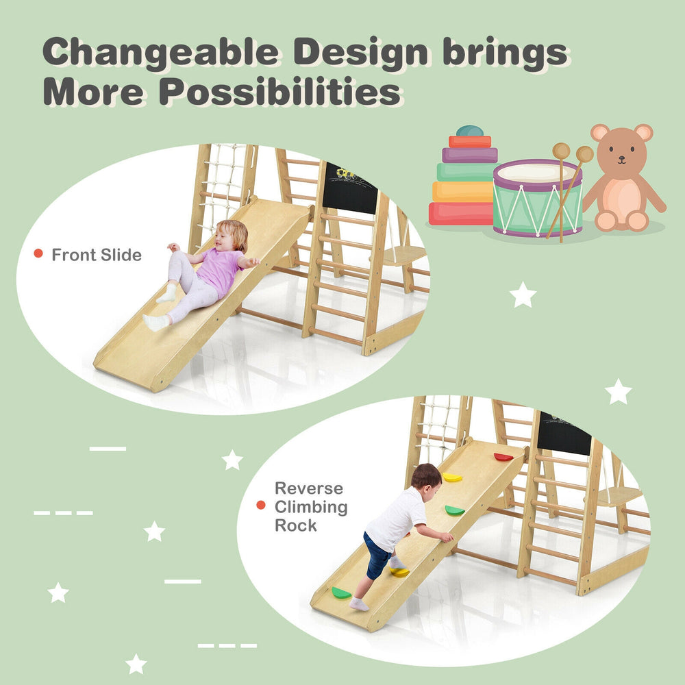 Wooden 8-in-1 climber playset featuring a front slide and reverse climbing rock for indoor and outdoor fun.