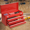 Red portable garage mechanic tool cabinet box with three drawers and top tray for easy tool organization.