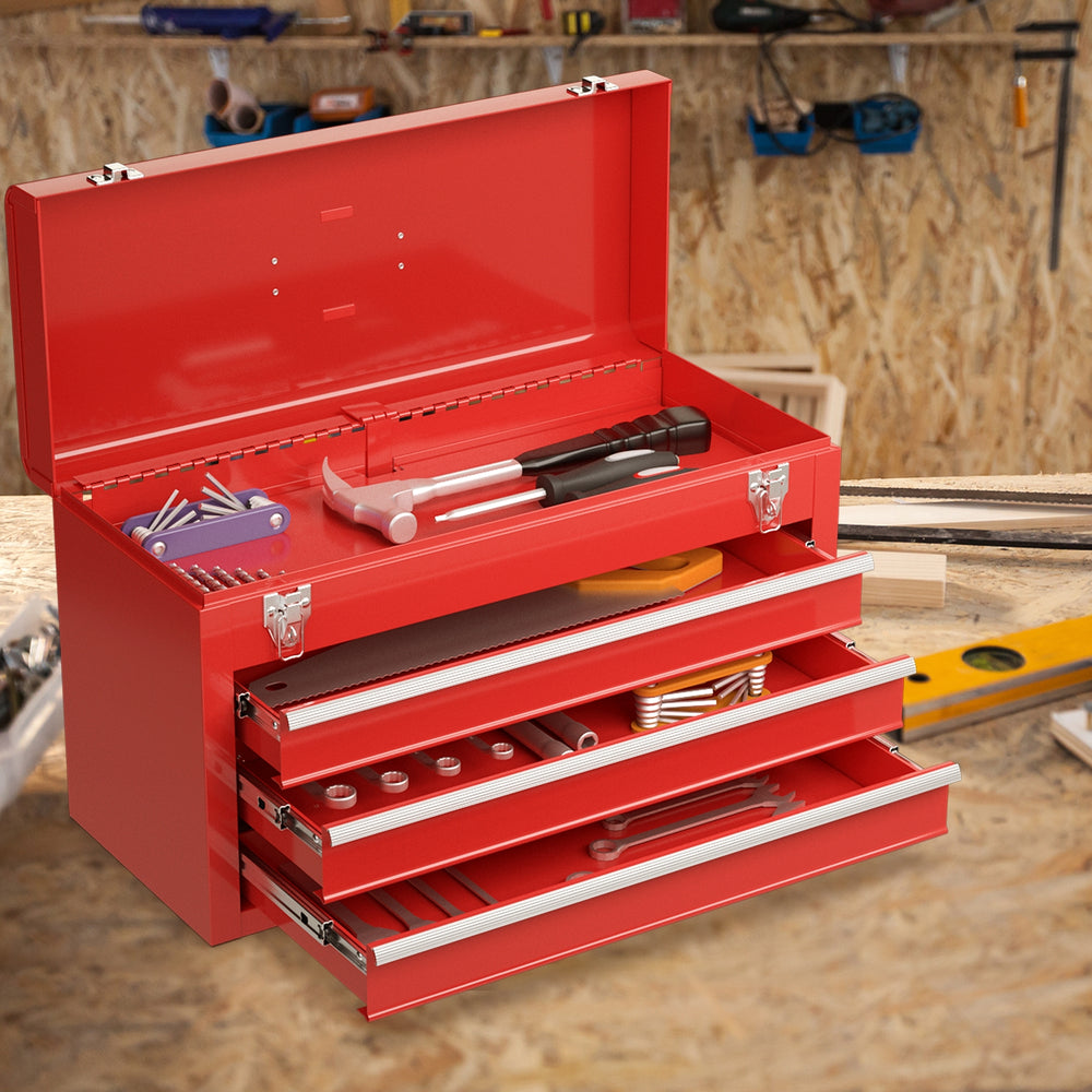 Red portable garage mechanic tool cabinet box with three drawers and top tray for easy tool organization.