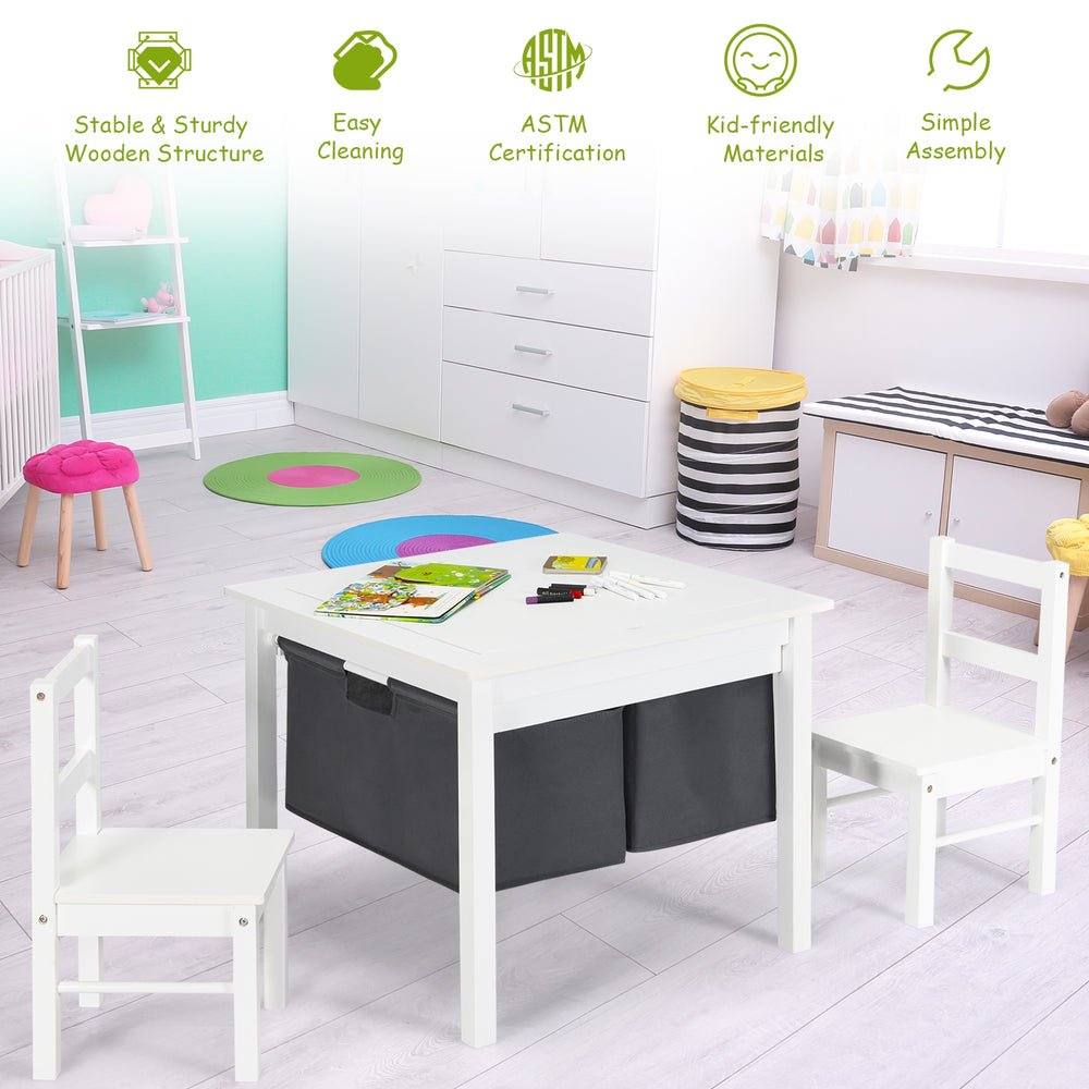 Kids activity table set with two chairs, white MDF, includes storage drawers for building blocks and easy cleaning.