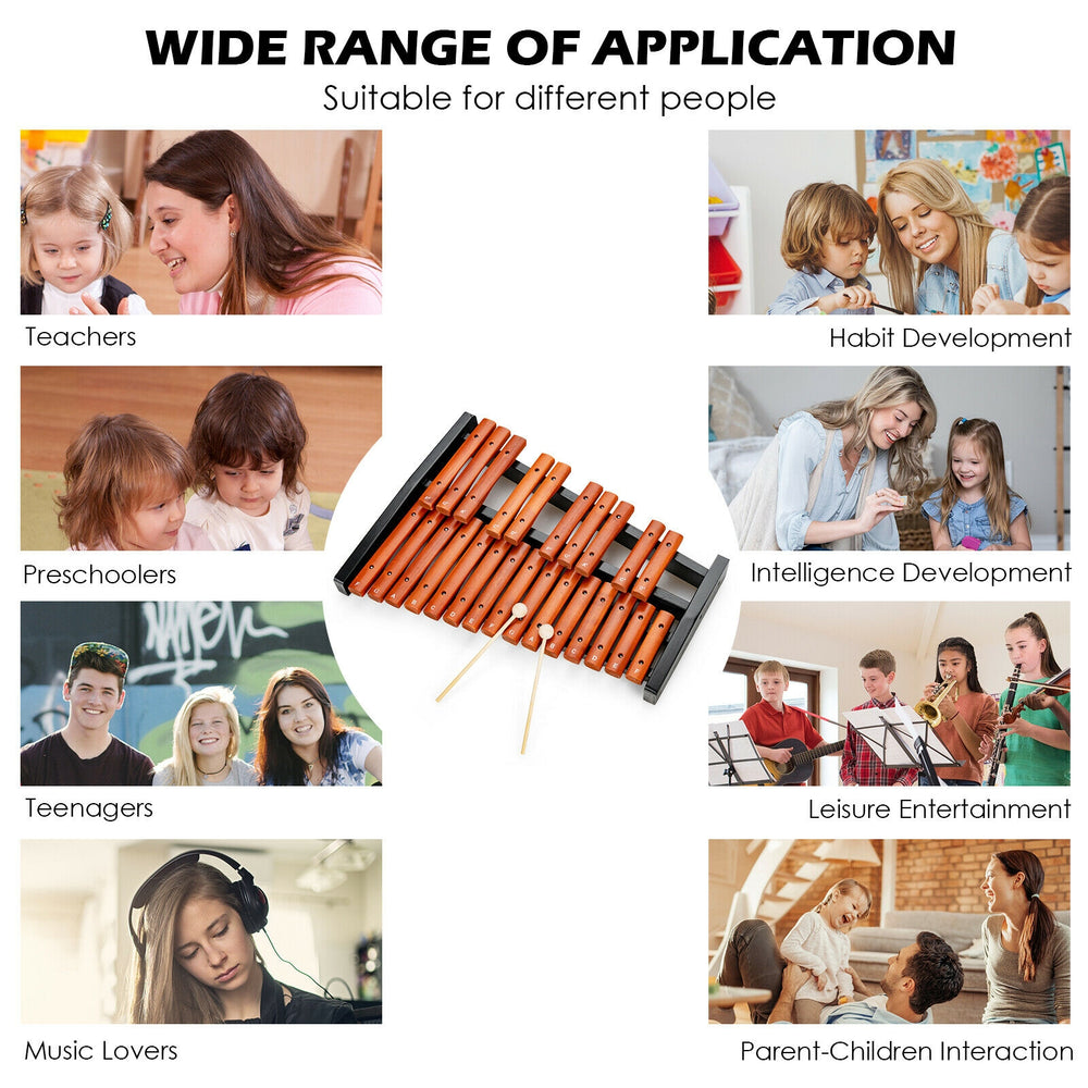 25-note wooden xylophone with mallets, durable hardwood keys, ideal for music education and family gatherings.