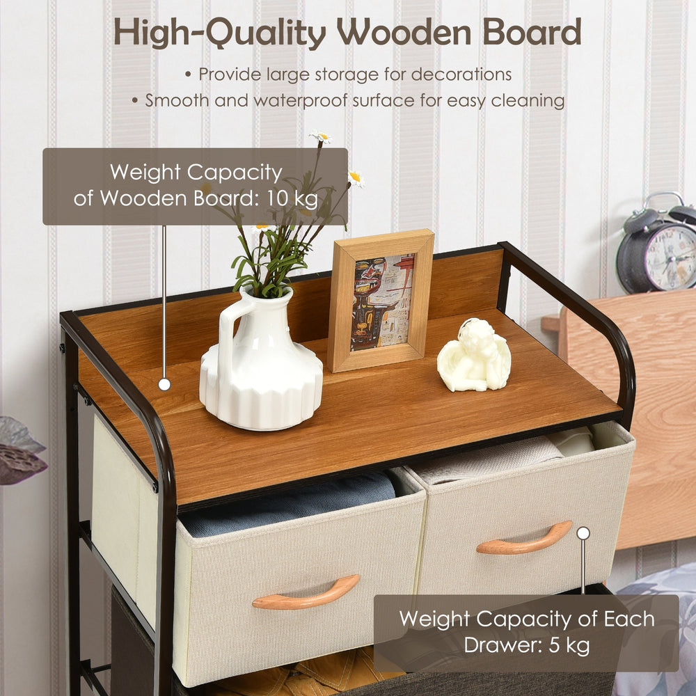 4-tier organizer tower with wooden top and 5 fabric drawers, featuring a sturdy steel frame for versatile storage.