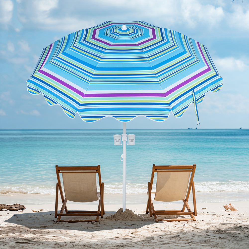 Colorful 6.5 ft beach umbrella with UPF 50+ protection and foldable cup holders, perfect for beach or backyard use.