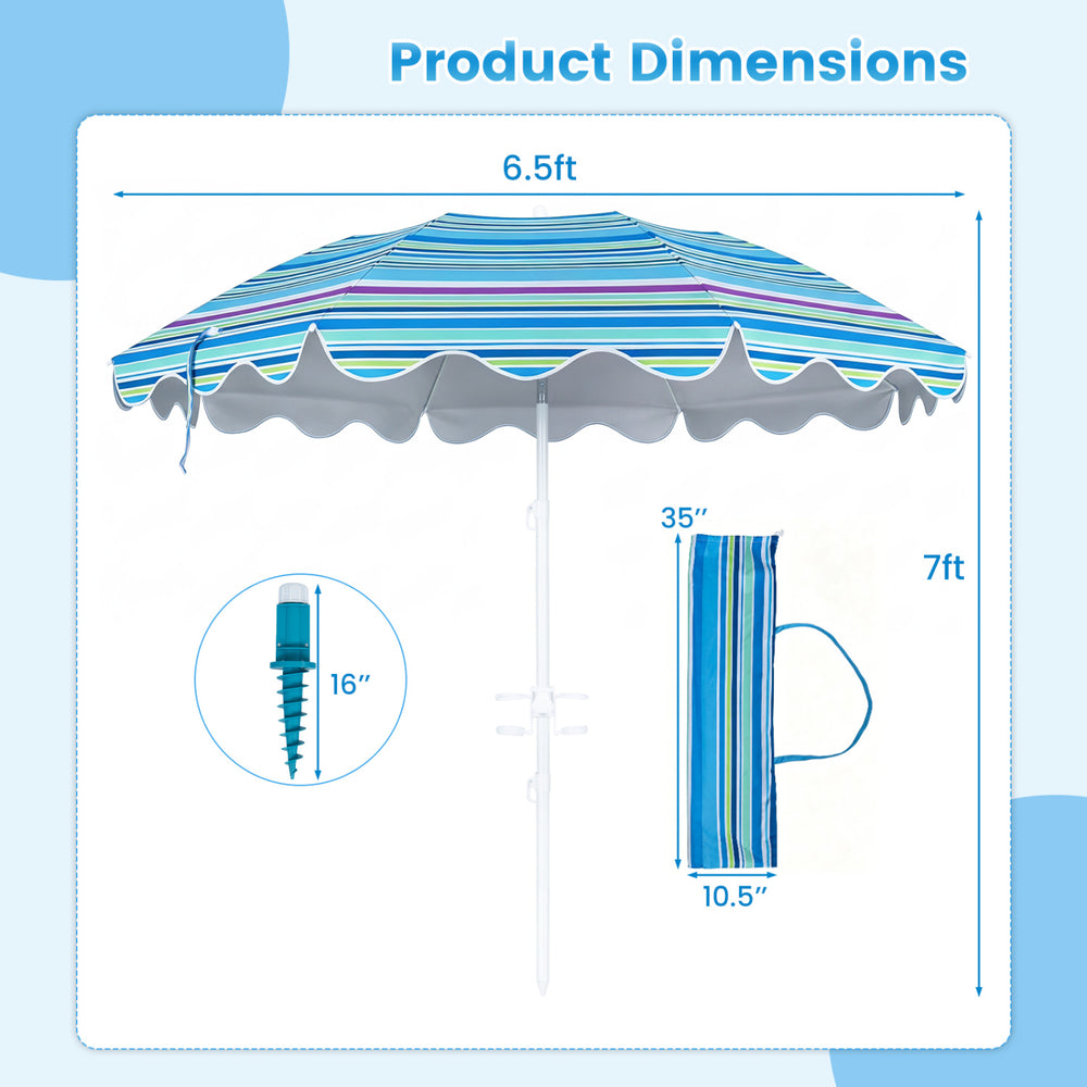 6.5 ft beach umbrella with UPF 50+ protection, featuring a sturdy frame, sand anchor, and carrying bag for easy transport.