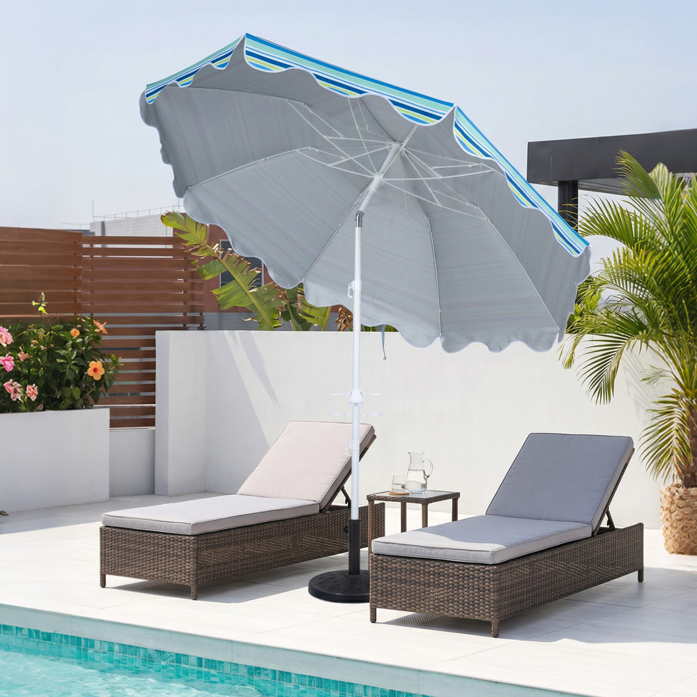 The 6.5 ft beach umbrella features a UPF 50+ canopy with a sturdy metal frame, ideal for poolside relaxation.