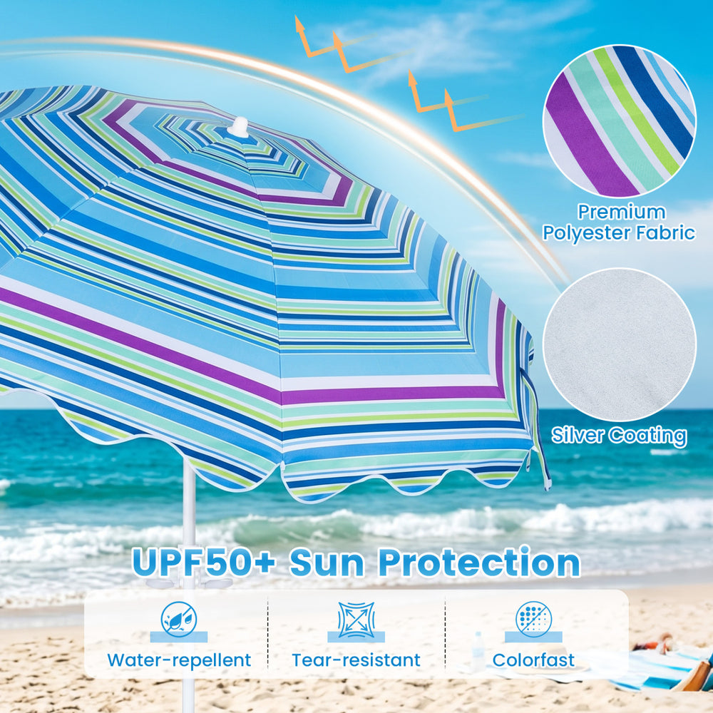 6.5 ft beach umbrella in blue with UPF50+ sun protection, water-repellent fabric, and easy tilt mechanism for outdoor use.