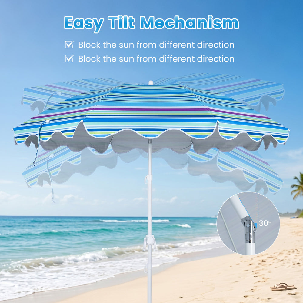 6.5 ft beach umbrella in blue with UPF 50+ protection and easy tilt mechanism, ideal for beach and outdoor activities.