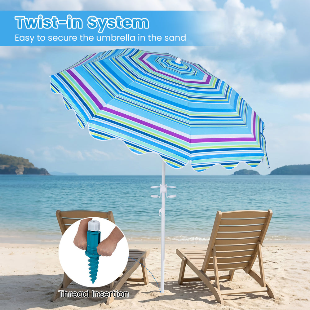 6.5 ft beach umbrella in blue with UPF 50+ protection and twist-in sand anchor, perfect for beach and outdoor activities.