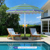 Beach umbrella with UPF 50+ protection, tilt function, and dual cup holders, perfect for garden or poolside relaxation.