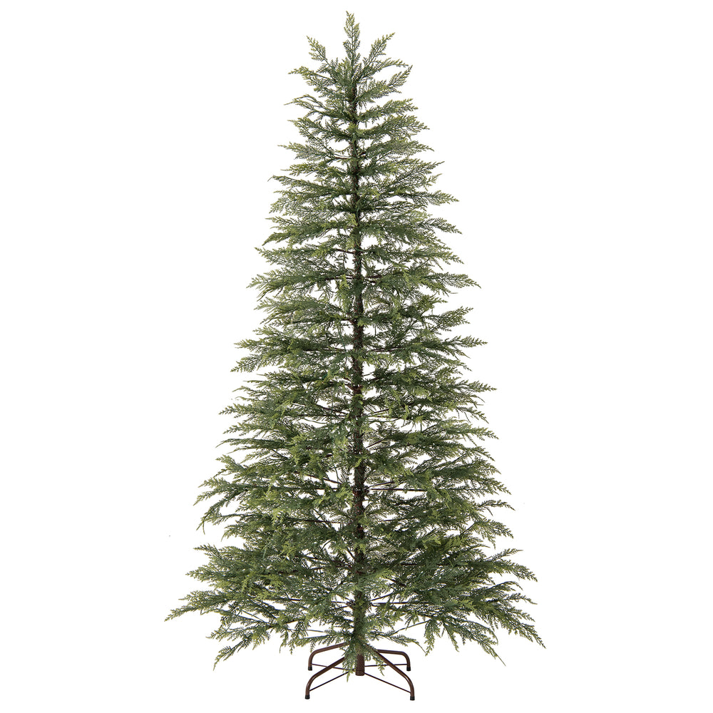 6.5 feet artificial Christmas tree with vivid branch tips and colorful LED lights for festive holiday decoration.