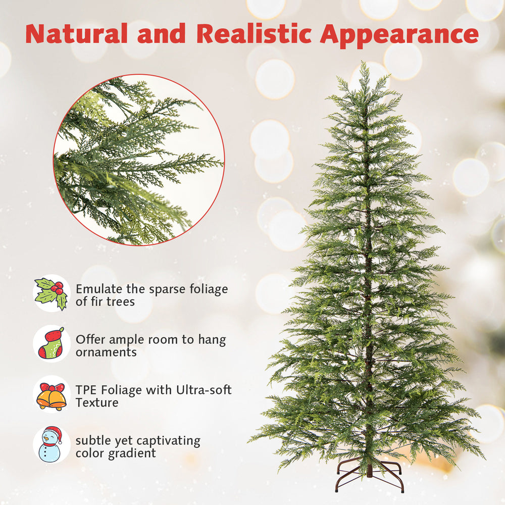 6.5 feet artificial Christmas tree with colorful LED lights and realistic TPE foliage for festive holiday decoration.