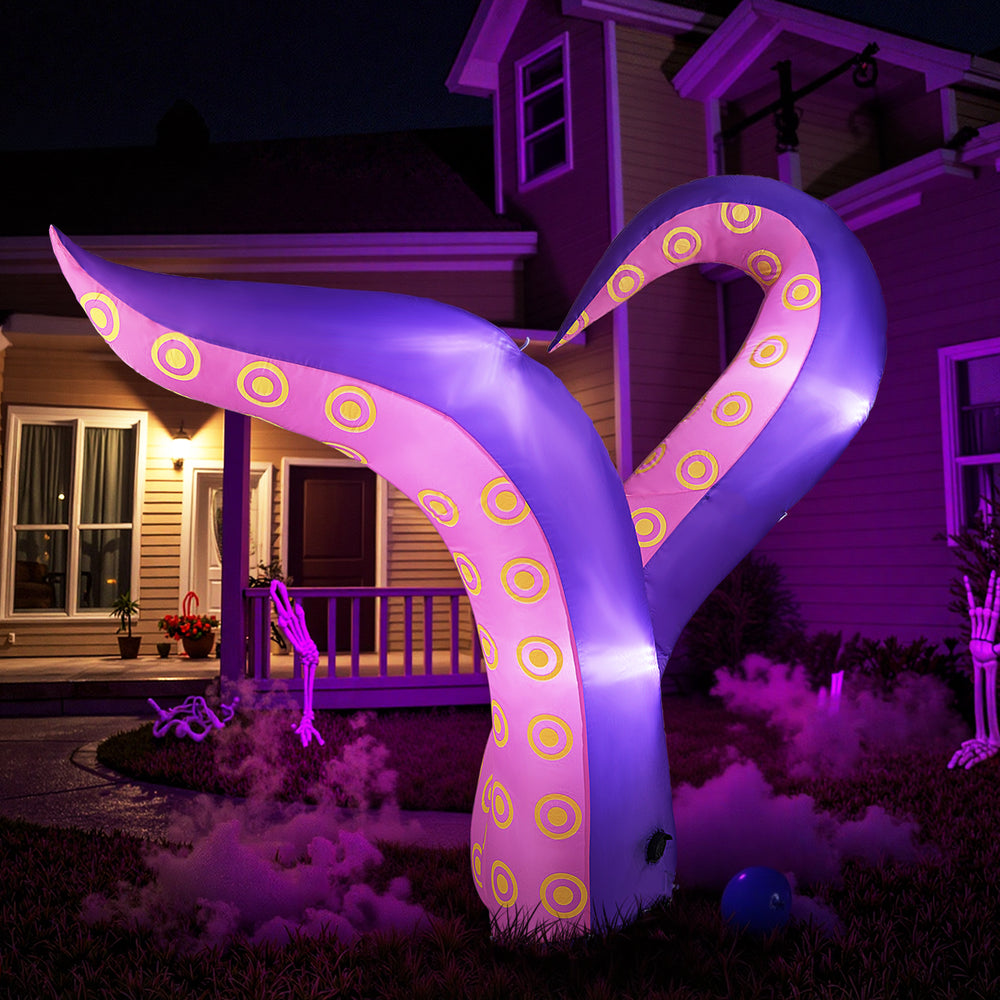 Giant 6.5 ft inflatable tentacles with LED lights, perfect for spooky Halloween decorations in your yard.