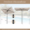 Rectangular 6.5 x 4.3 feet beige outdoor umbrella features a tilt adjust button for optimal shade by the poolside.