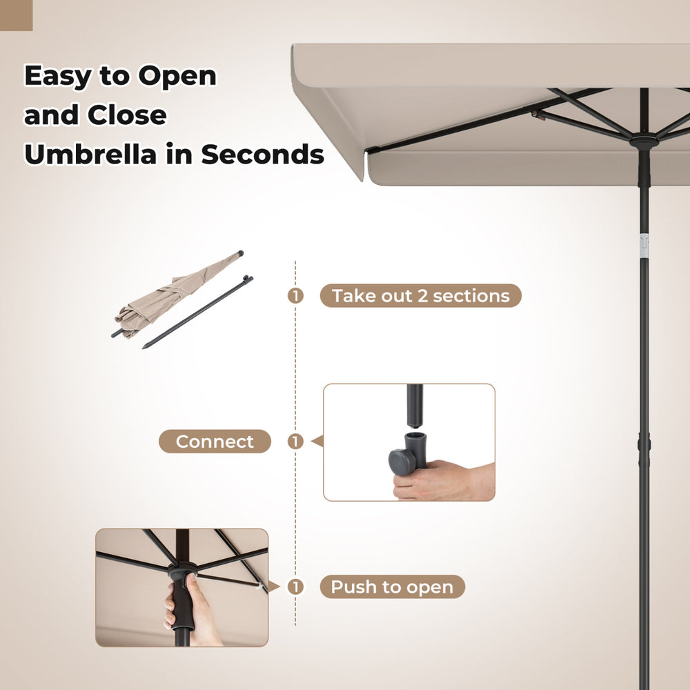 Rectangular 6.5 x 4.3 feet beige outdoor umbrella with tilt button, ideal for balconies and gardens, easy to open and close.