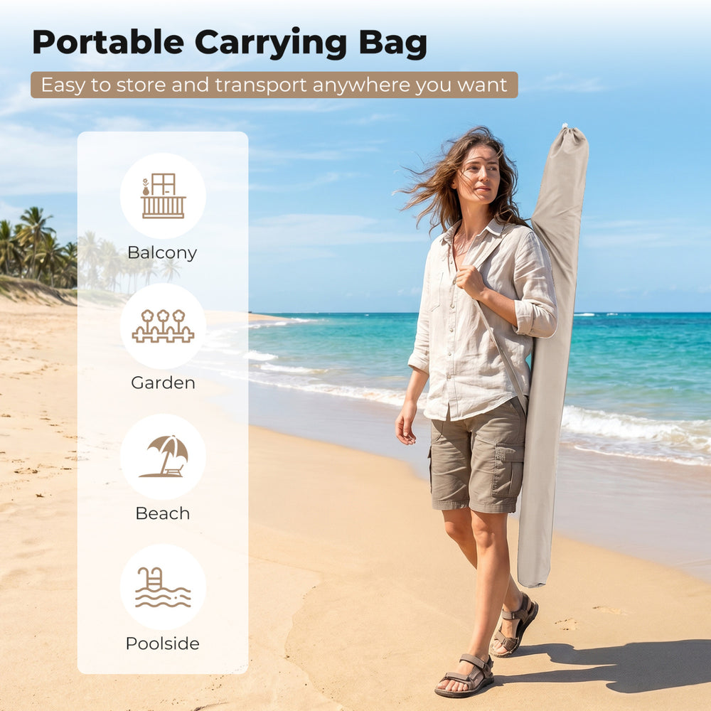 Portable carrying bag for the 6.5 x 4.3 feet beige outdoor umbrella, ideal for balconies, gardens, and poolside use.