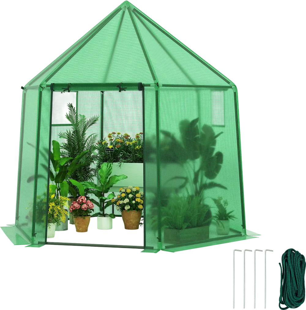 Mini walk-in greenhouse with PE cover, sturdy metal frame, and roll-up zippered door for outdoor plant protection.