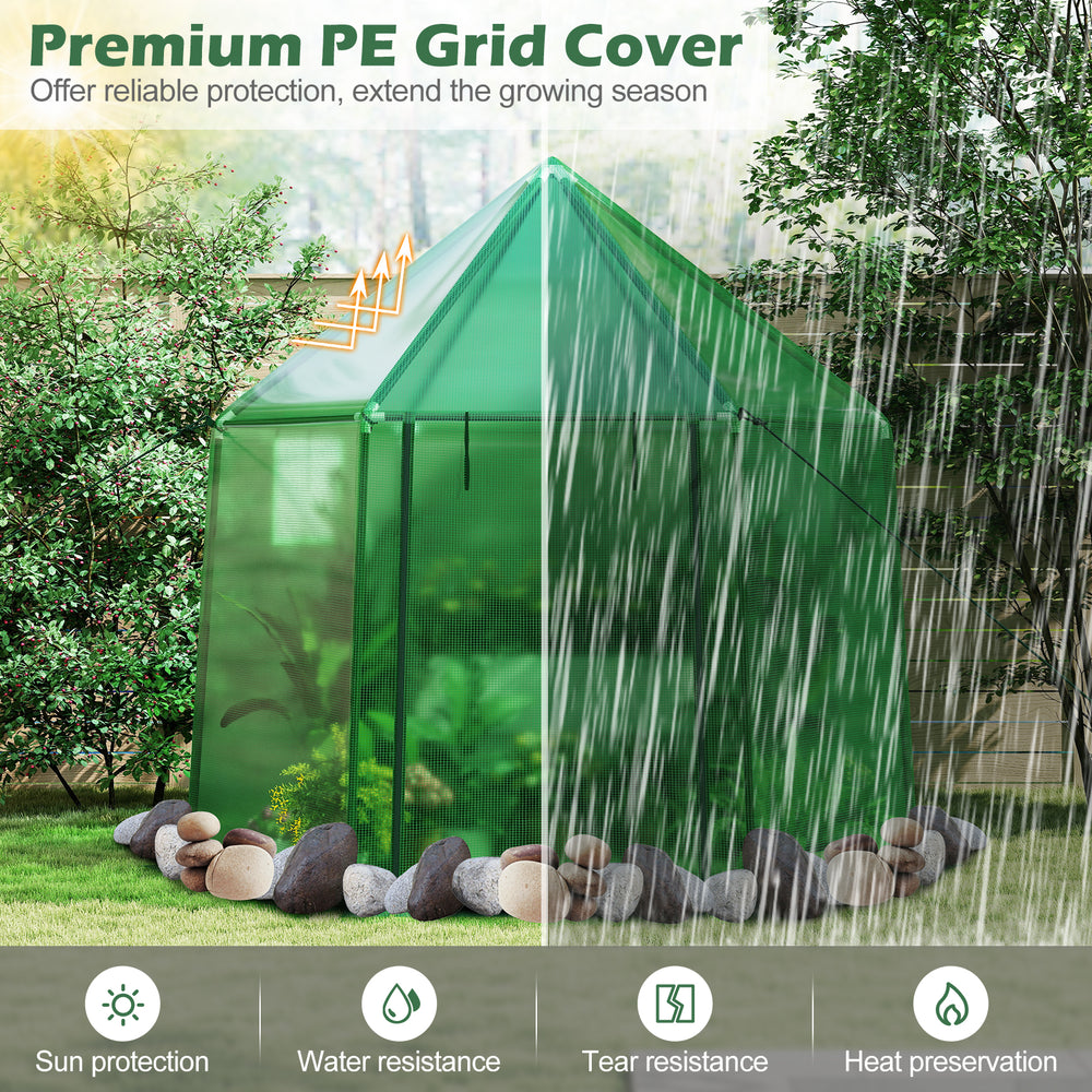Mini walk-in greenhouse with PE cover, offering sun protection, water resistance, and heat preservation for outdoor use.