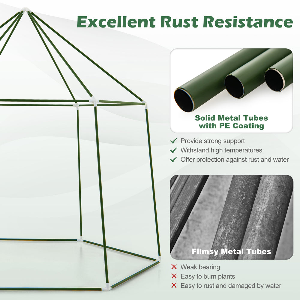 Detail of the sturdy PE-coated metal tubes of the 6.5 x 5.6 x 6.2 FT mini greenhouse, showcasing rust resistance and.