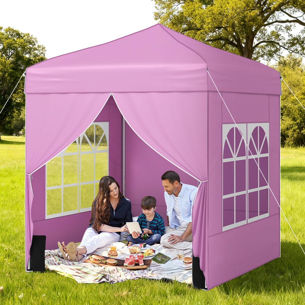 6.5 x 6.5 FT Pop up Canopy Tent with 4 Sidewalls and Wheeled Bag-Pink - Gallery View 1 of 10