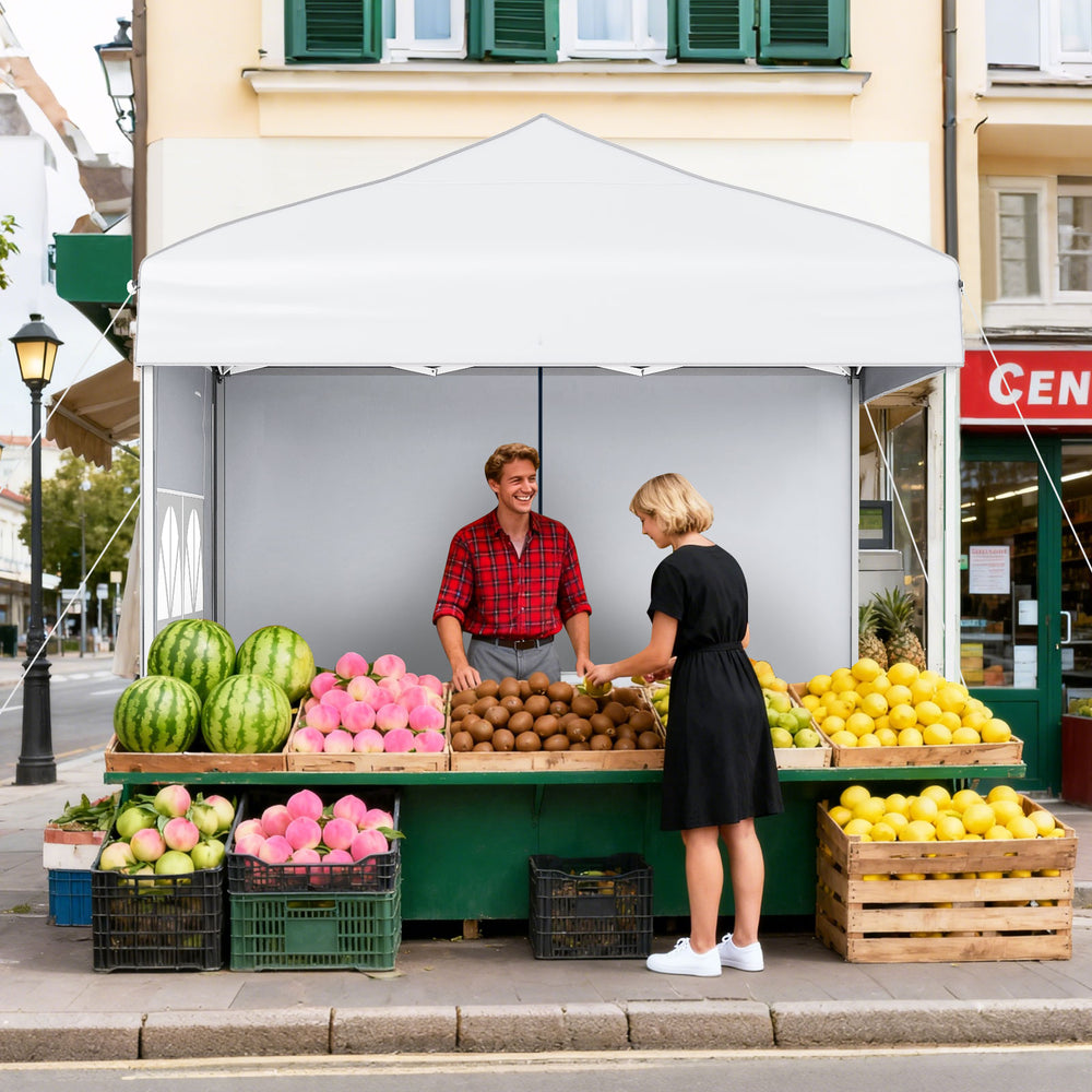 Pop up canopy tent with sidewalls, ideal for markets and outdoor events, featuring UPF50+ sun protection and easy setup.