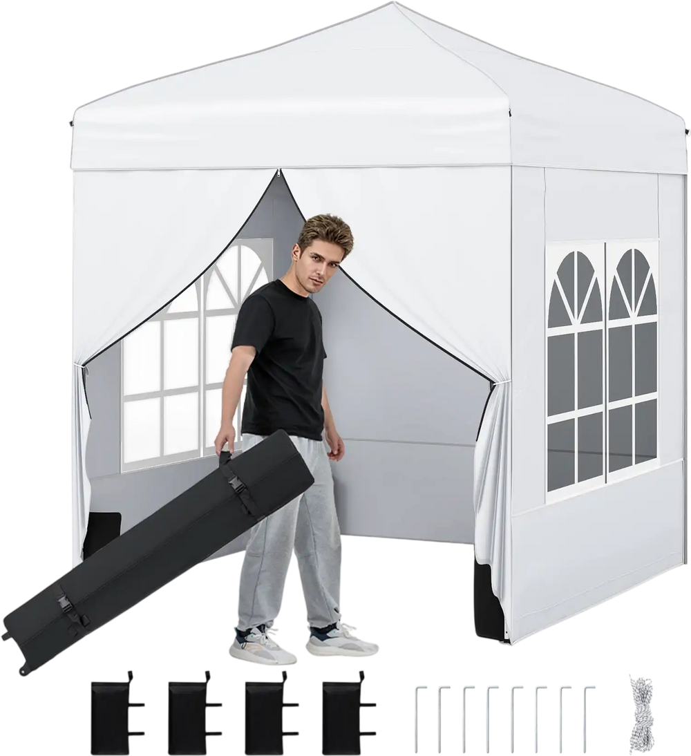 Pop up canopy tent with 4 sidewalls, wheeled bag, and adjustable height, perfect for outdoor events and protection.