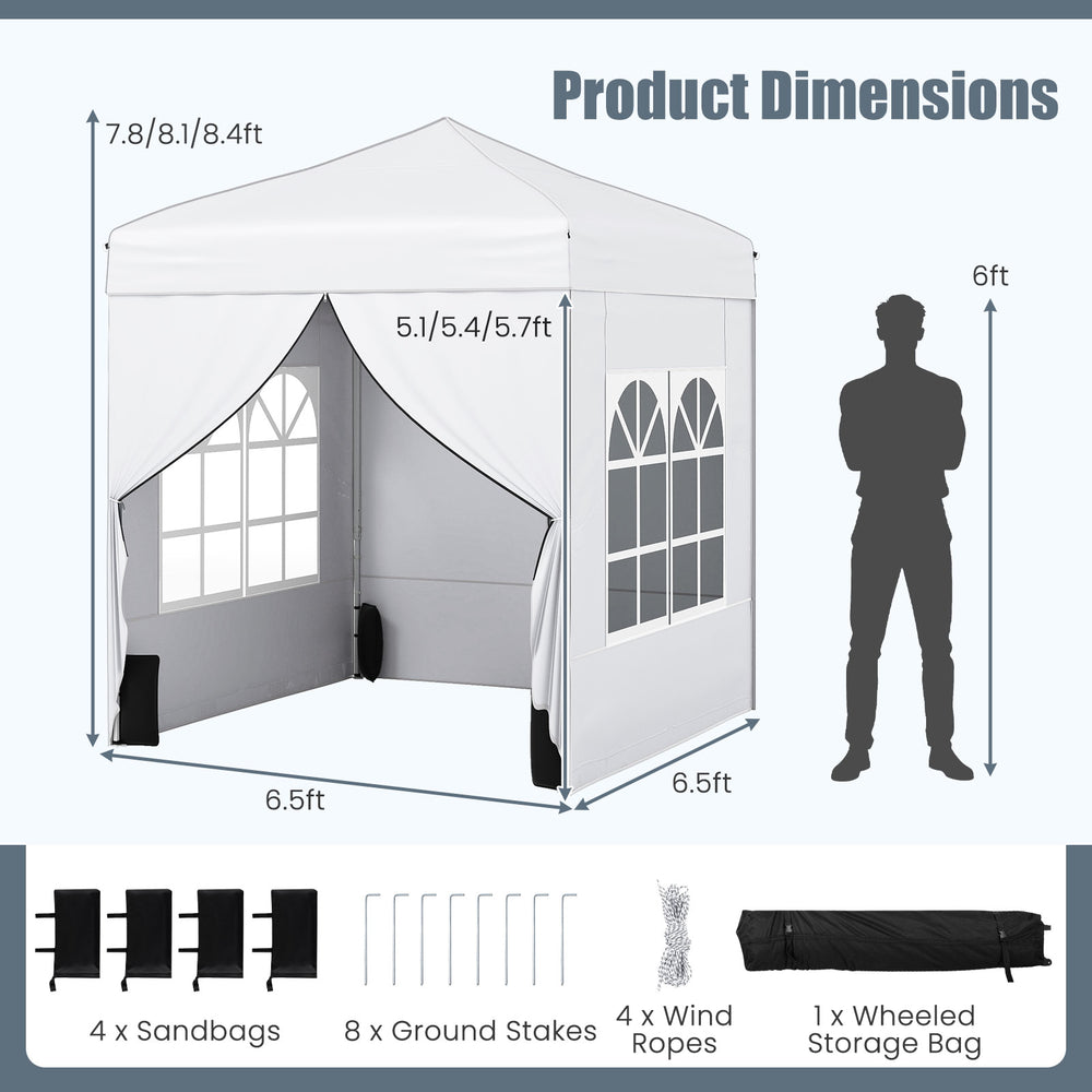 Pop up canopy tent with 4 sidewalls, 6.5 x 6.5 FT, featuring a wheeled bag for easy transport and UPF50+ sun protection.