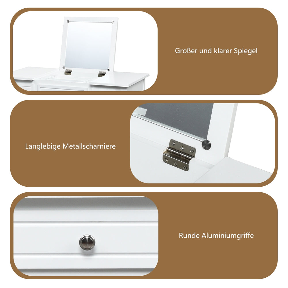 Großer Spiegel und langlebige Metallscharniere des Schminktischs mit 3 Schubladen für stilvolle Aufbewahrung.