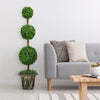 Artificial topiary triple ball tree plant, 4 feet tall, with realistic PE leaves in a cement-filled pot for indoor and.