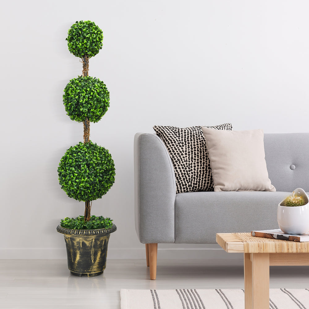 Artificial topiary triple ball tree plant, 4 feet tall, with realistic PE leaves in a cement-filled pot for indoor and.