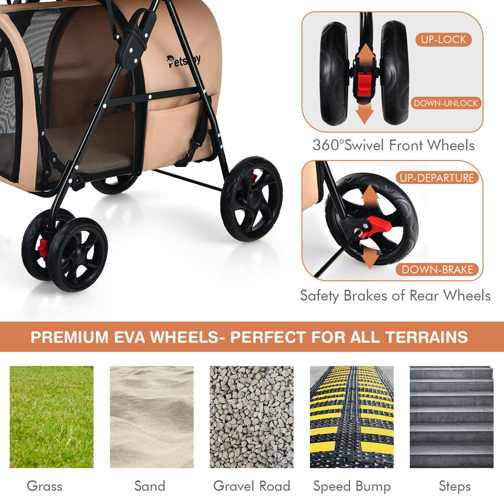 4-in-1 double pet stroller in beige with detachable carriers, featuring EVA wheels for all terrains and safety brakes.