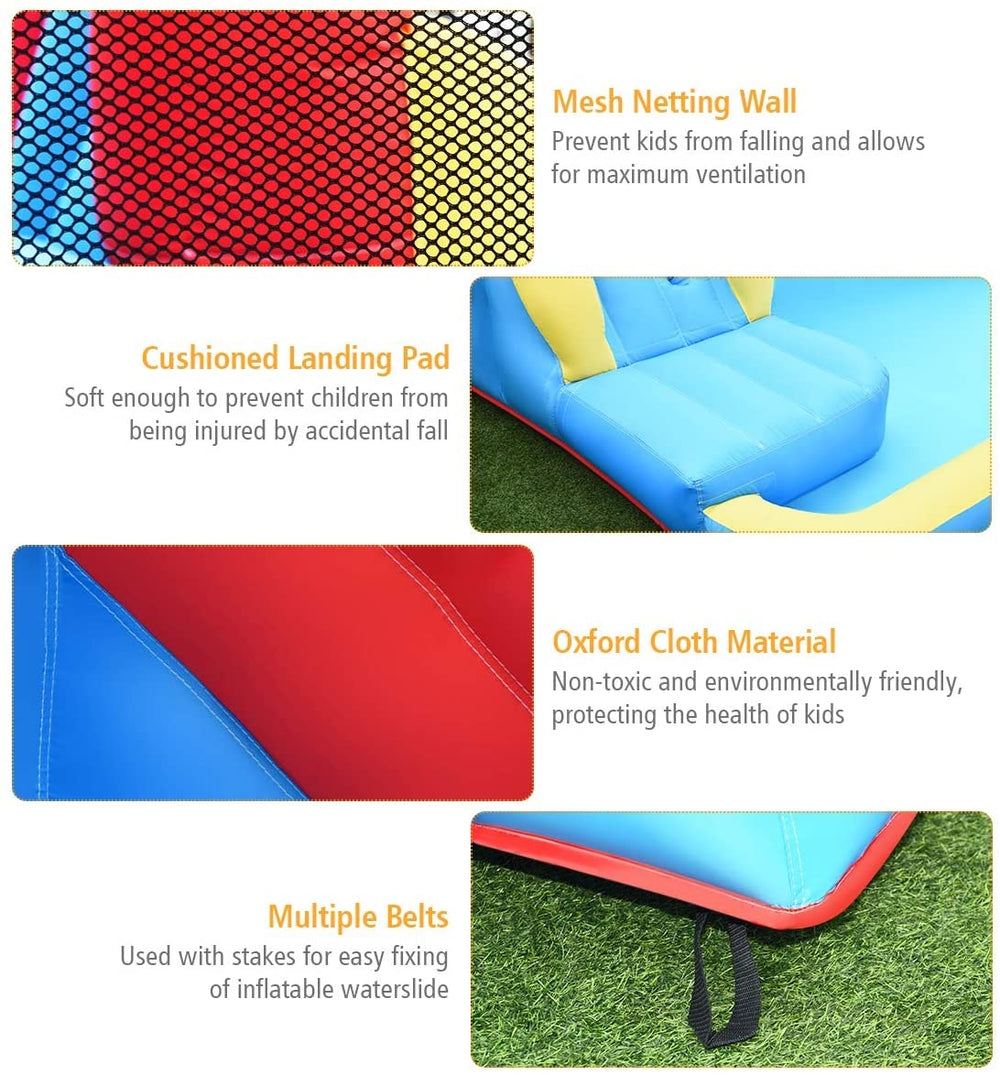 Cushioned landing pad and mesh netting wall of the inflatable water slide bounce house for safe play and stability.