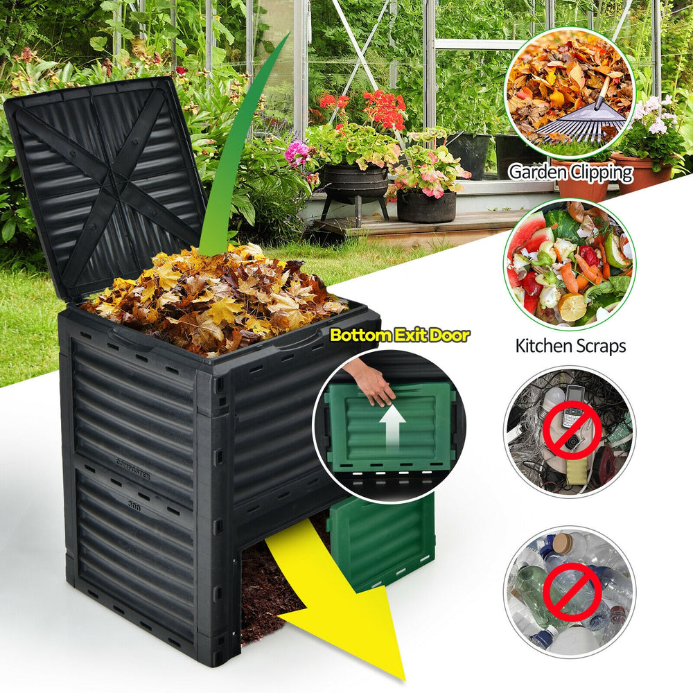 80-gallon outdoor composter with large open lid and bottom exit door for easy access to compost and garden clippings.