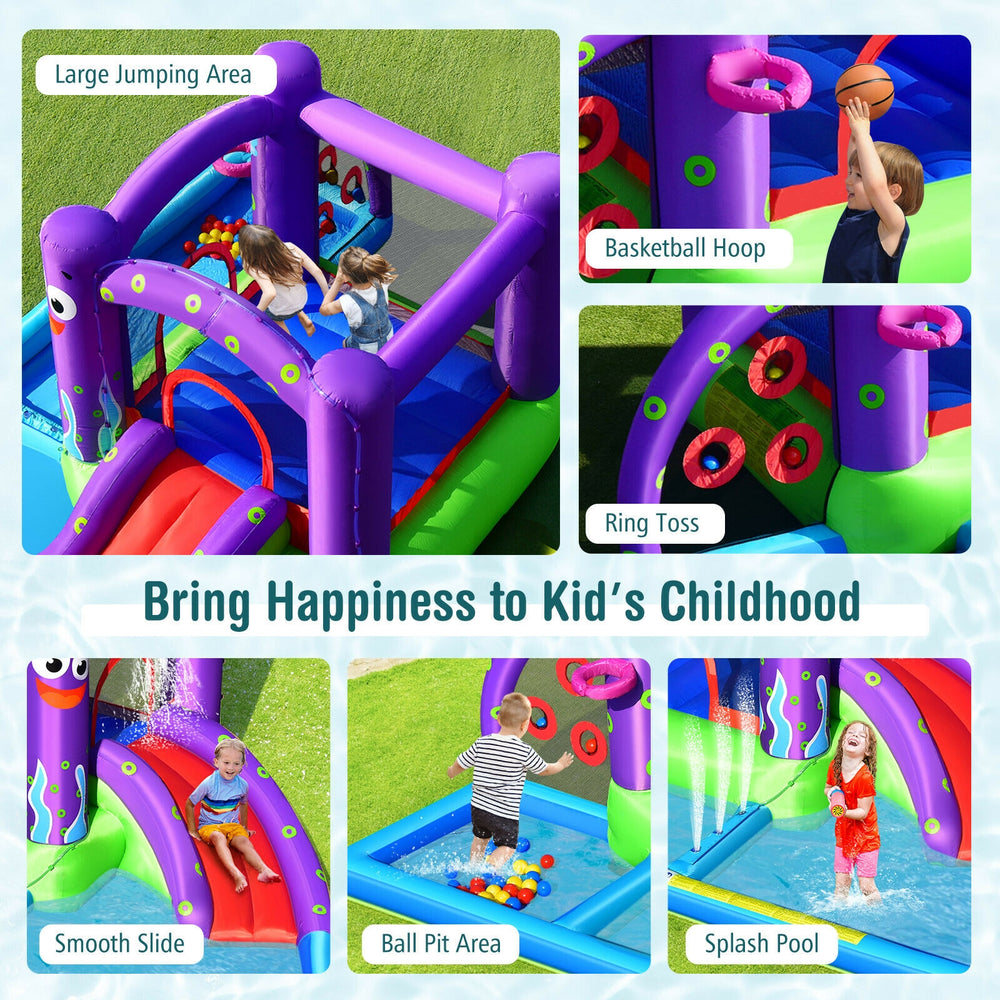 Inflatable water slide castle featuring a jumping area, splash pool, and basketball hoop for outdoor fun.