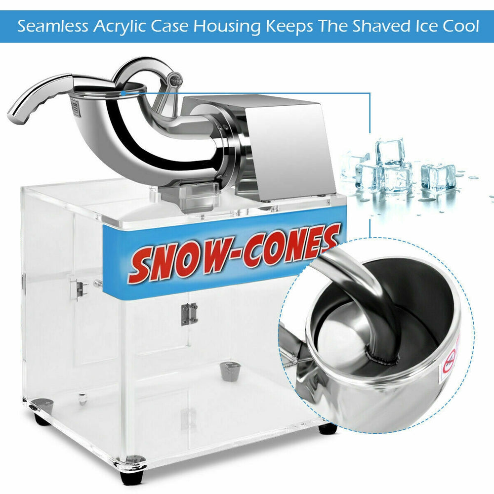 Close-up view of the electric snow cone machine's drain hole and pipe, designed for easy ice water release.