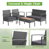 Rattan patio conversation set featuring a loveseat, two single chairs, and an acacia wood tabletop for outdoor.