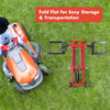 Hydraulic lawnmower lift jack shown from above, featuring foldable design for easy storage and adjustable width for.