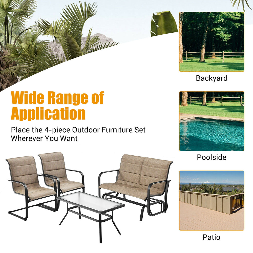 4-piece outdoor patio furniture set featuring a padded glider loveseat and coffee table, perfect for backyard.
