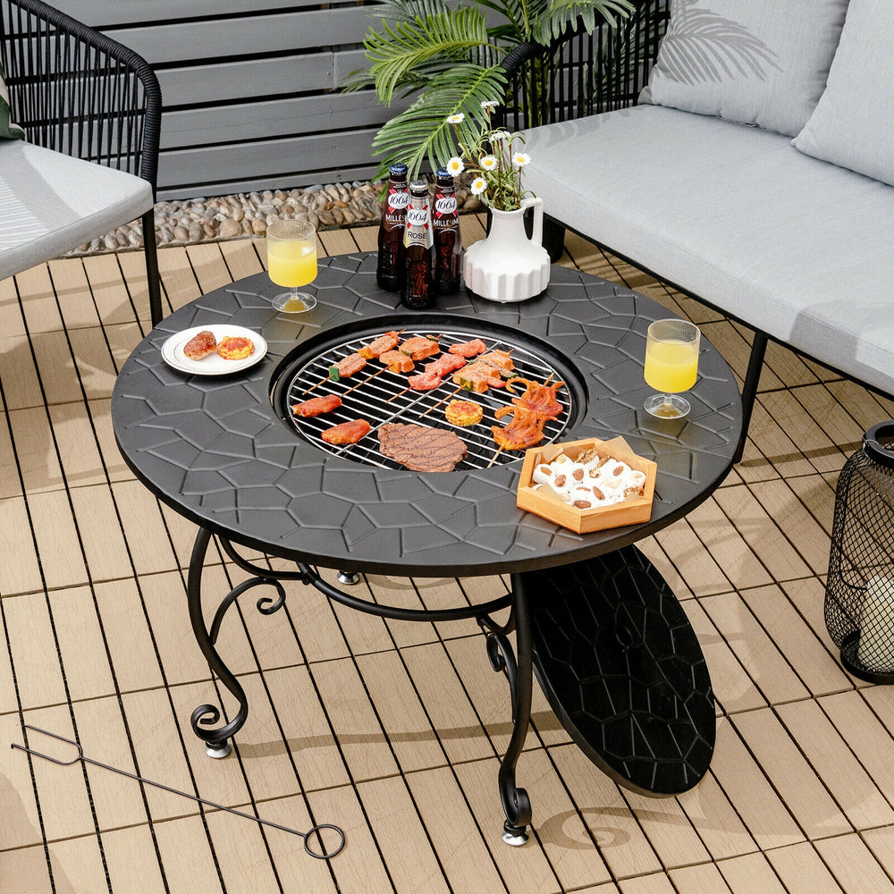 Round patio fire pit dining table with BBQ grate, sturdy steel frame, ideal for outdoor gatherings and cooking.