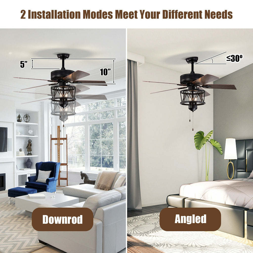 50-inch black ceiling fan with lights, featuring reversible blades and pull chain control, suitable for various ceiling.