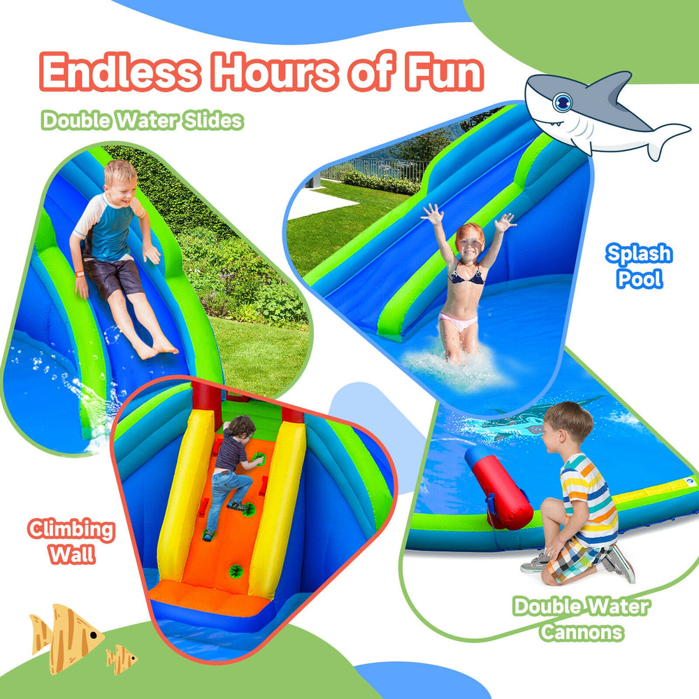 Inflatable waterslide bounce house featuring double slides, climbing wall, splash pool, and water cannons for kids' fun.