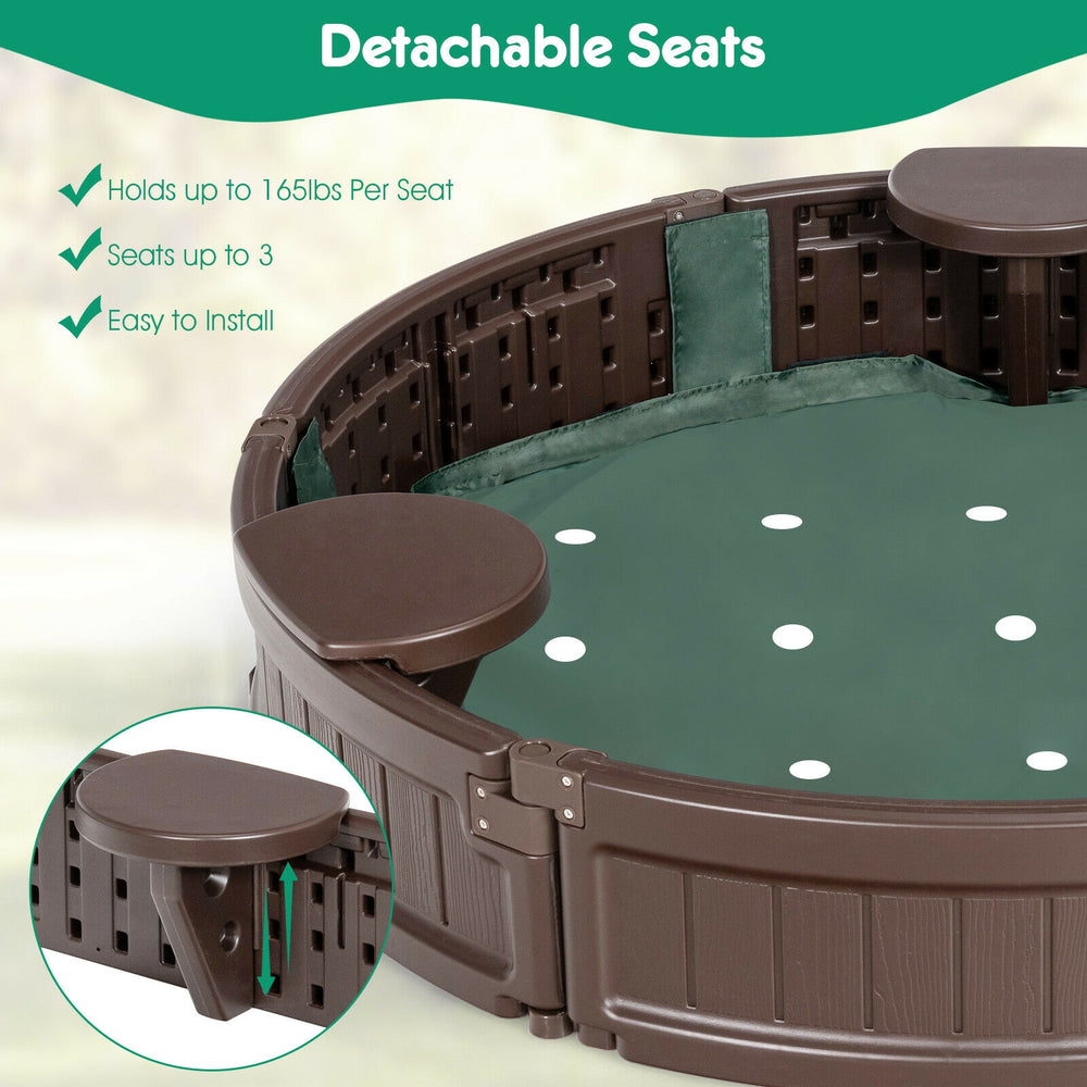 Sandbox with built-in corner seats in brown, designed for kids, featuring a dust-proof cover and easy installation.