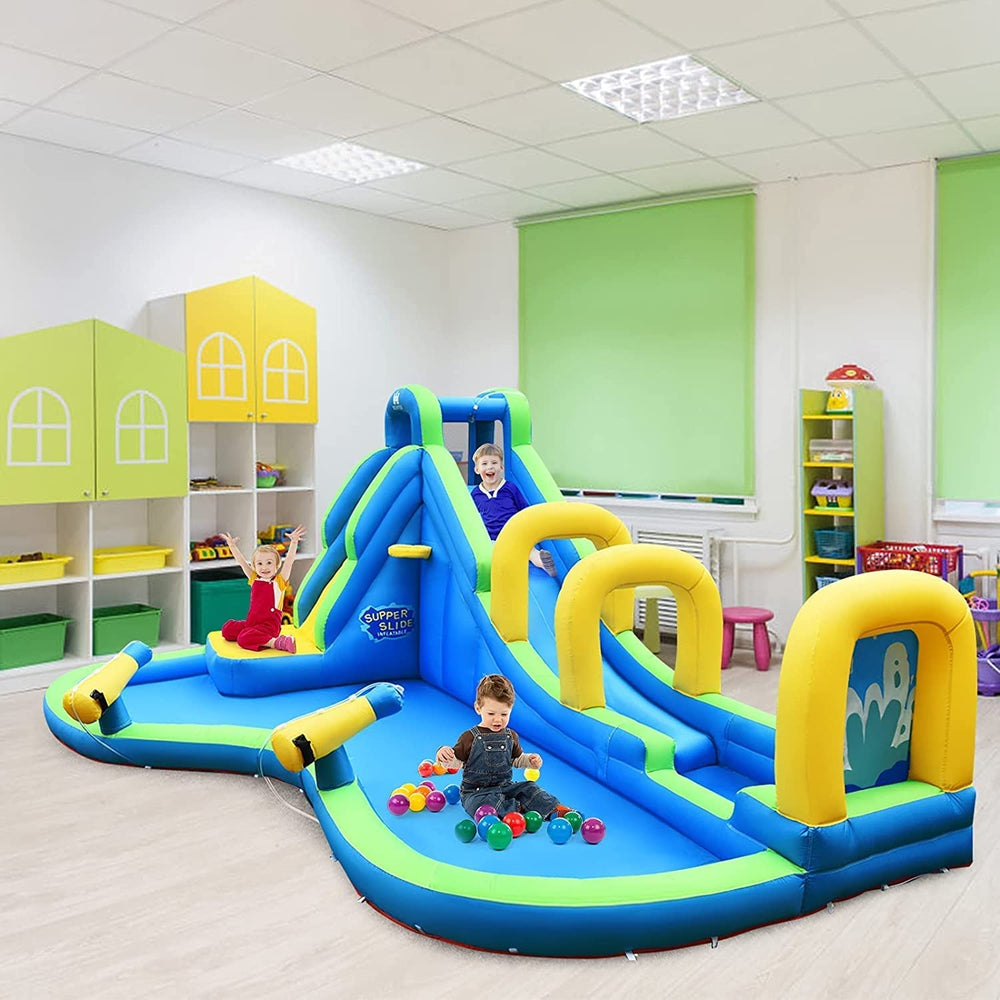 Multifunctional inflatable water bounce showcasing a slide and ball pit, perfect for 4 kids aged 4-12 years indoors.