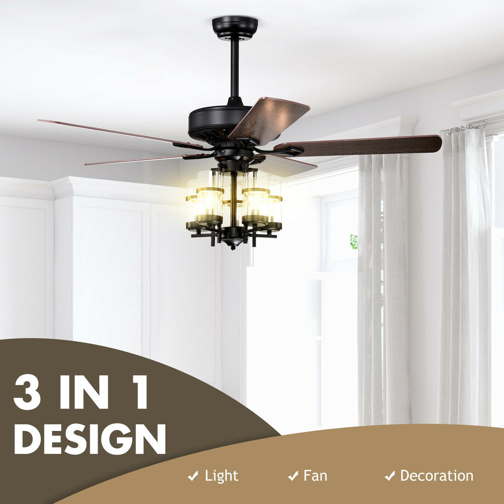 50-inch black ceiling fan light with explosion-proof glass lampshades, featuring reversible blades for year-round.