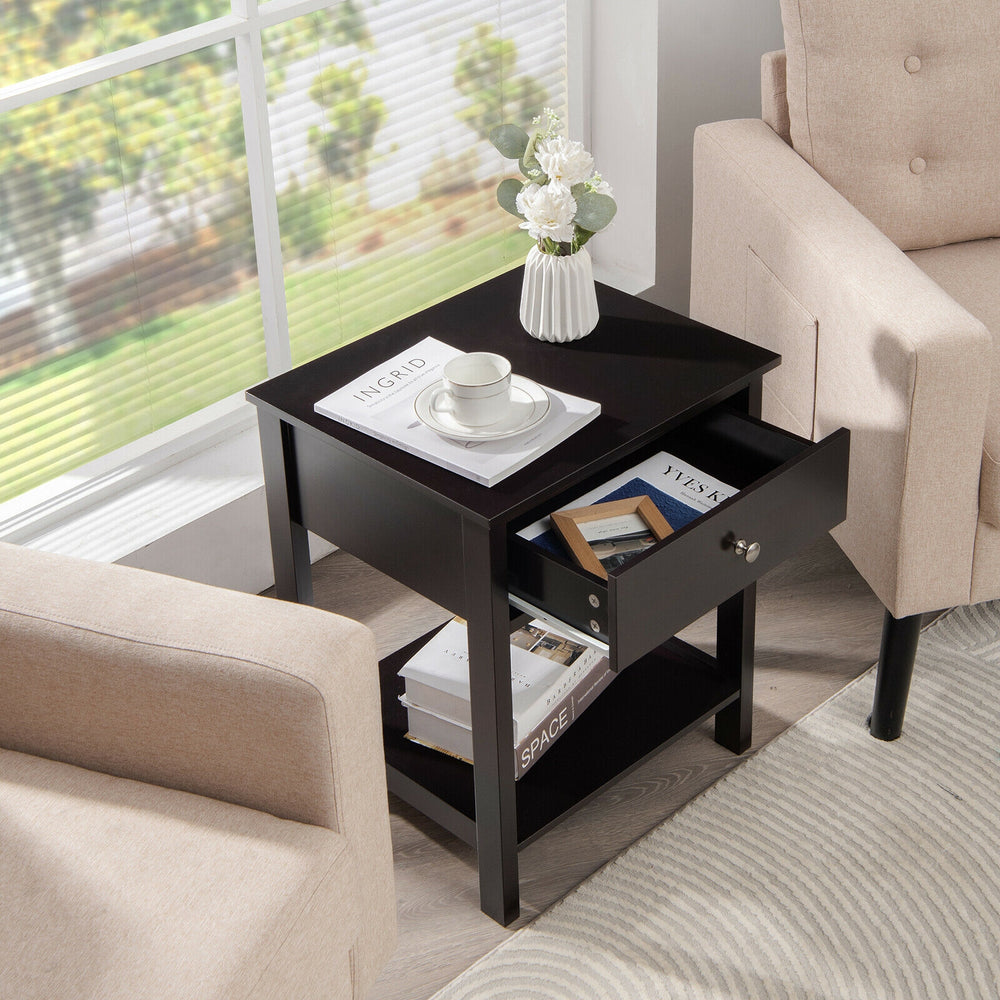Black wooden storage shelf with drawer, offering easy access with smooth slide rails, perfect for living room.