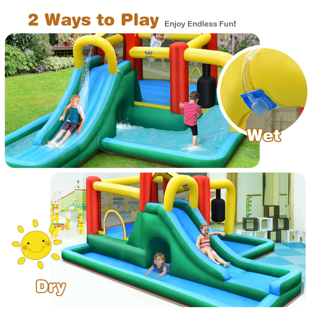 Inflatable water slide bounce house featuring a climbing wall, tunnel, and splash pool for outdoor fun.