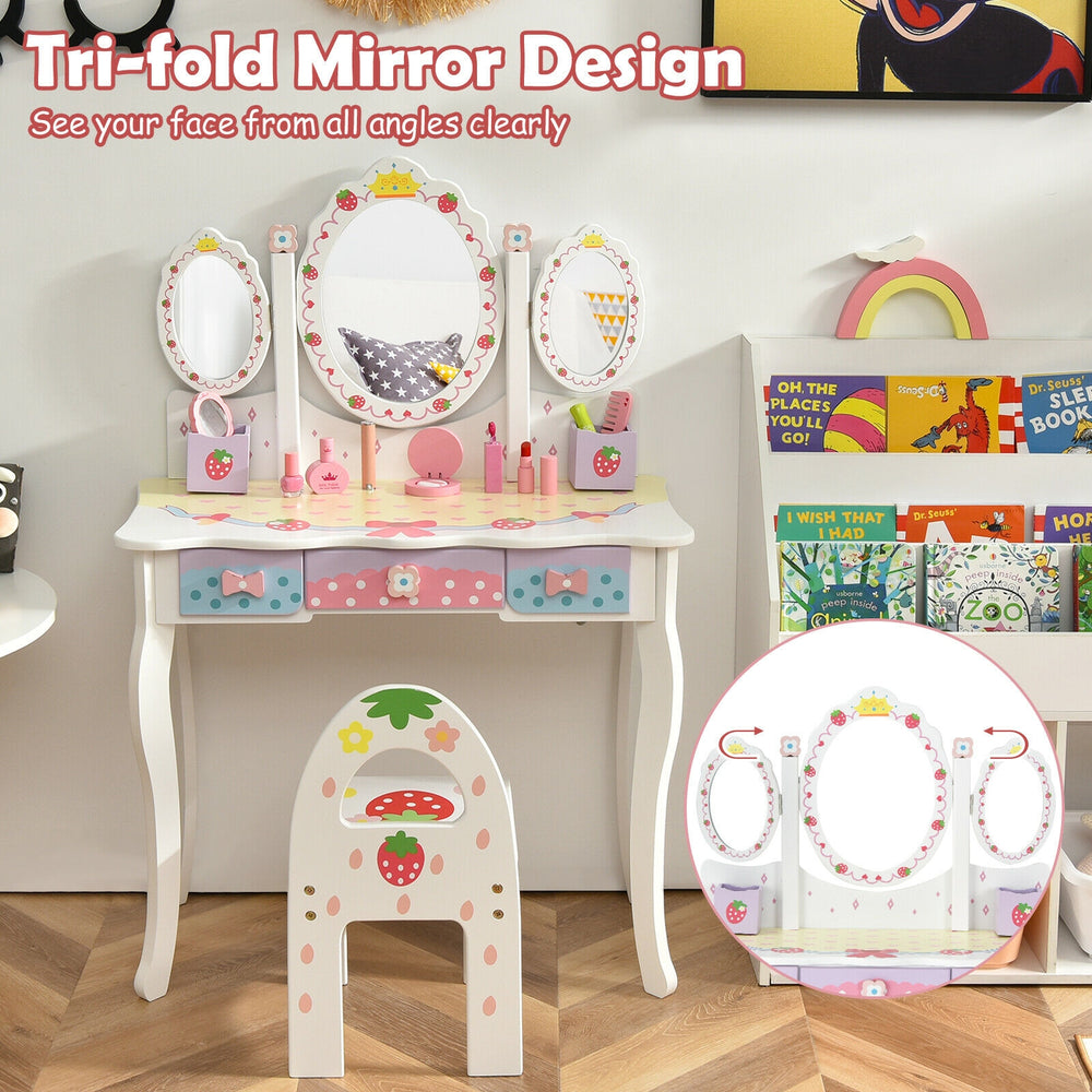 Kids vanity set with tri-fold mirror and chair, made of durable MDF, perfect for makeup and study in white.