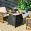 28-inch propane gas fire pit table with stainless steel burner, lava stone, and adjustable flame for outdoor gatherings.